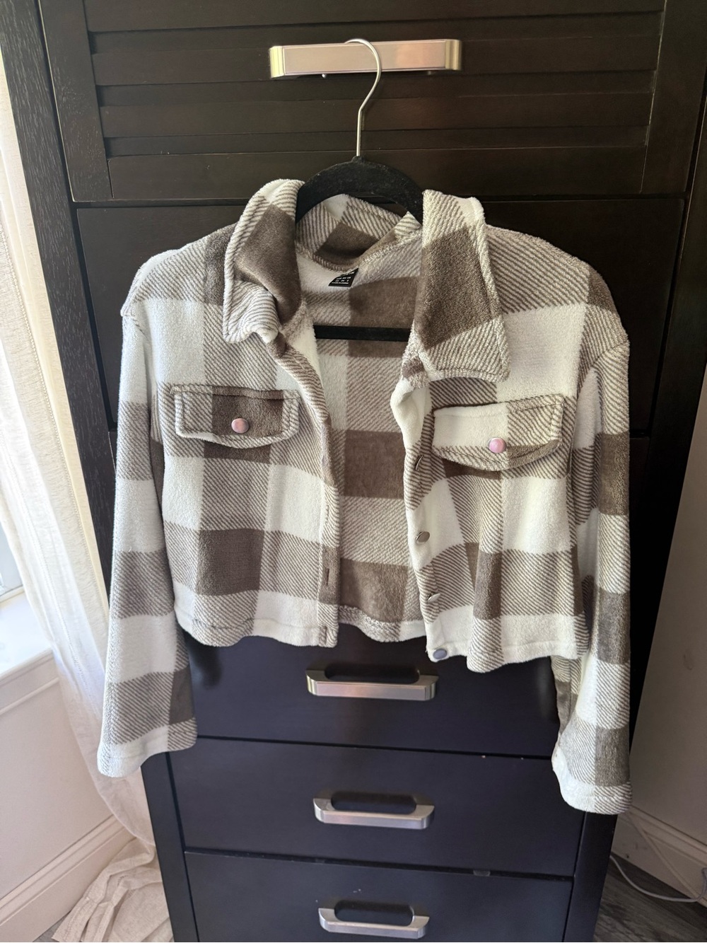 SHEIN Brown and Cream Plaid Cropped Shacket